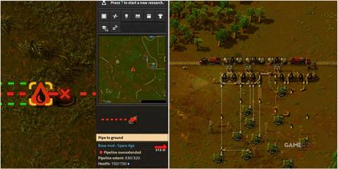 Screenshots for Factorio showcasing the Pipeline Overextended warning and a oil extraction and transportation setup.