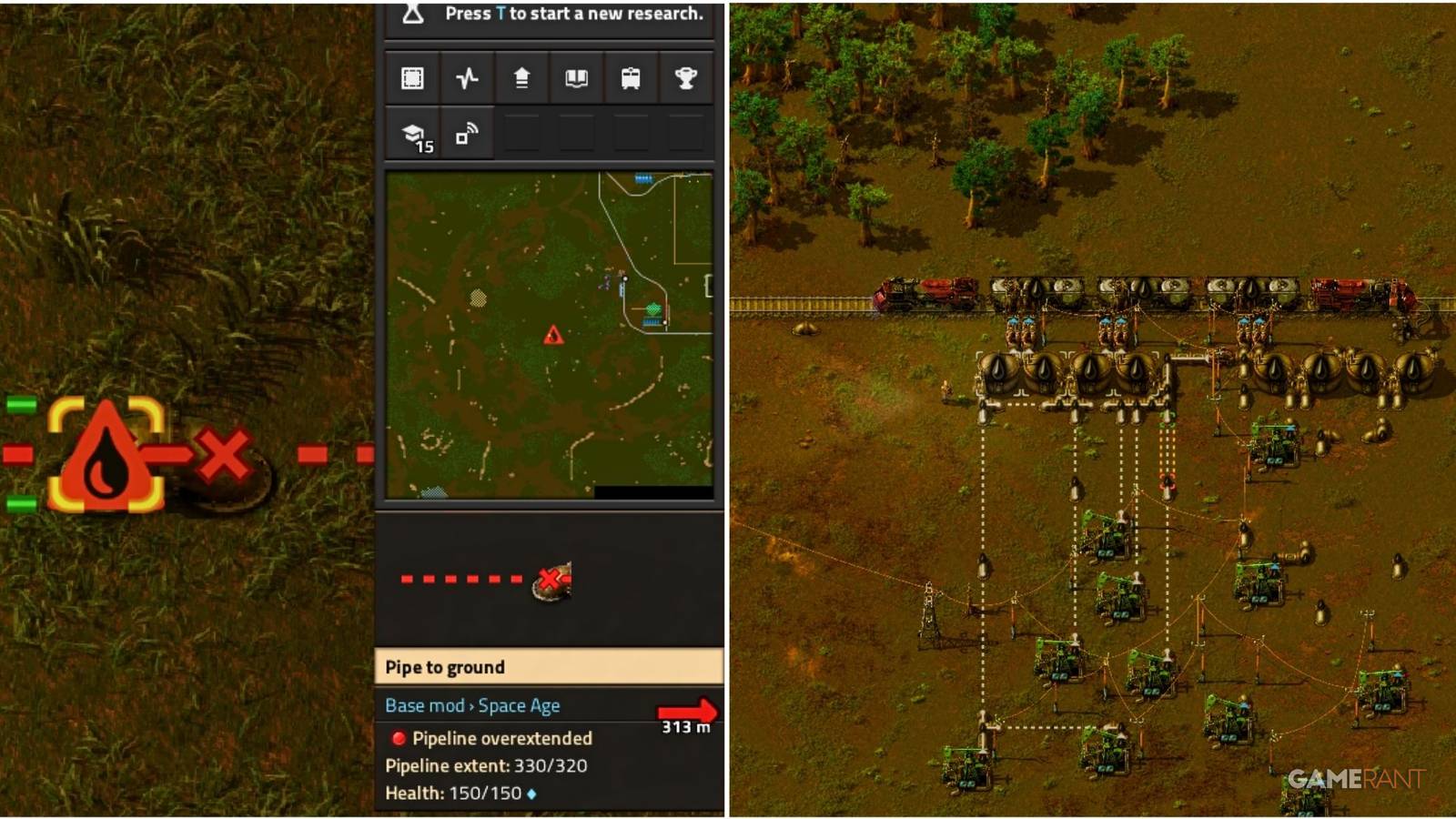 Screenshots for Factorio showcasing the Pipeline Overextended warning and a oil extraction and transportation setup.
