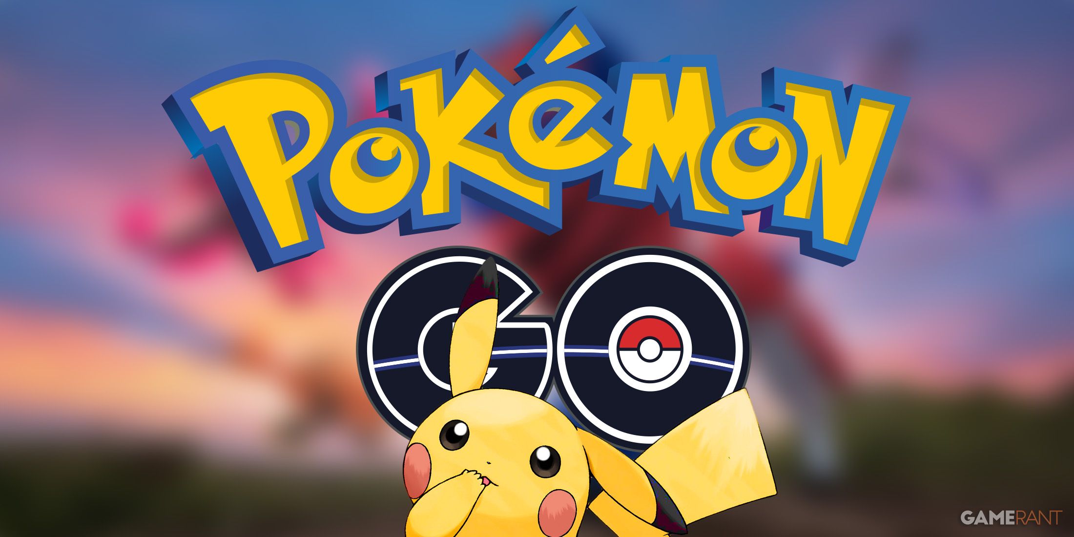 Curious-looking Pikachu in front of Pokemon GO logo 2x1 composite