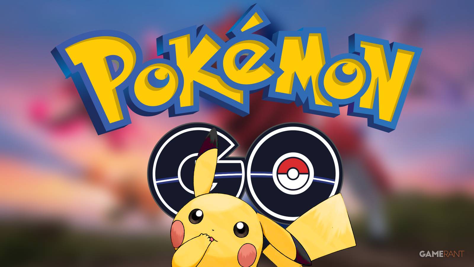 Curious-looking Pikachu in front of Pokemon GO logo 2x1 composite