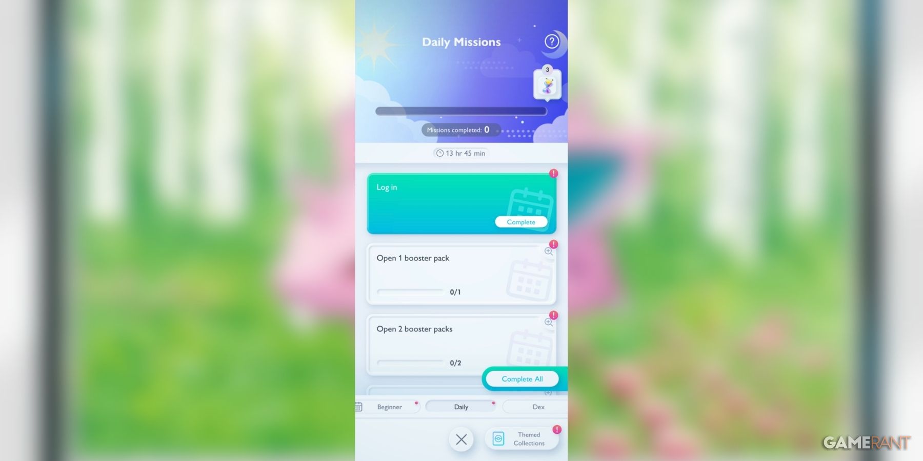 Daily missions screen with tasks like logging in and opening booster packs in Pokemon TCG Pocket