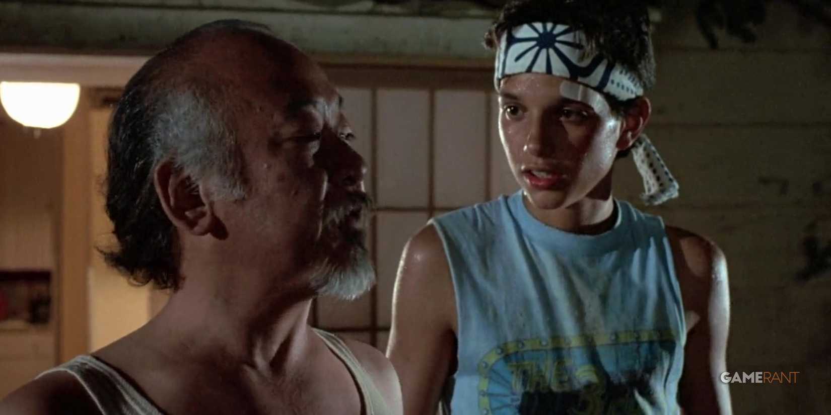 daniel la russo and pat morita in the movie the karate kid