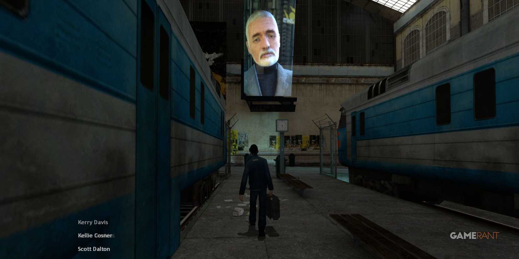Dr. Breen face projected on a screen in a train station in Half-Life 2