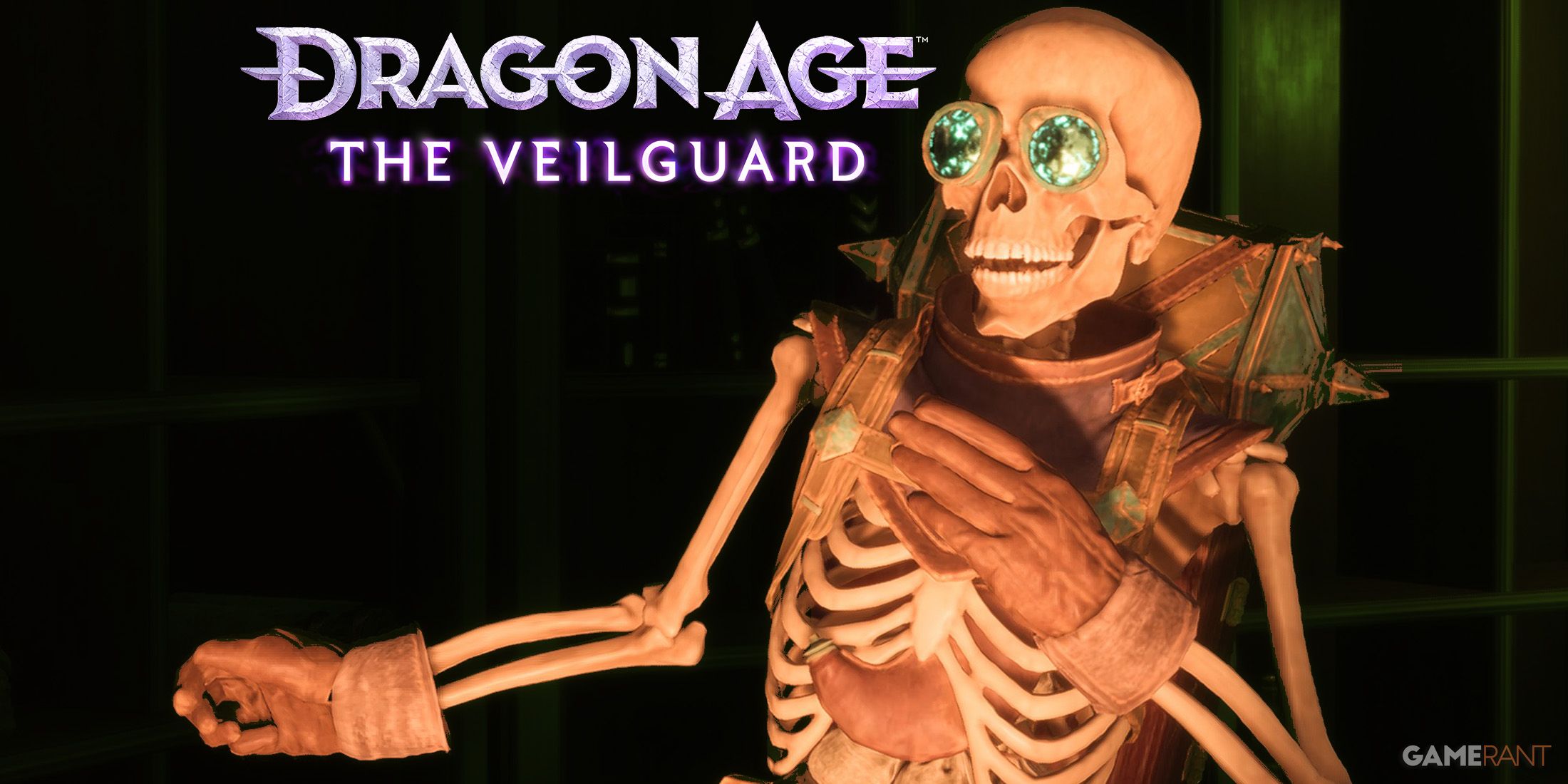 Dragon Age The Veilguard logo next to Manfred skeleton green-tinted study background