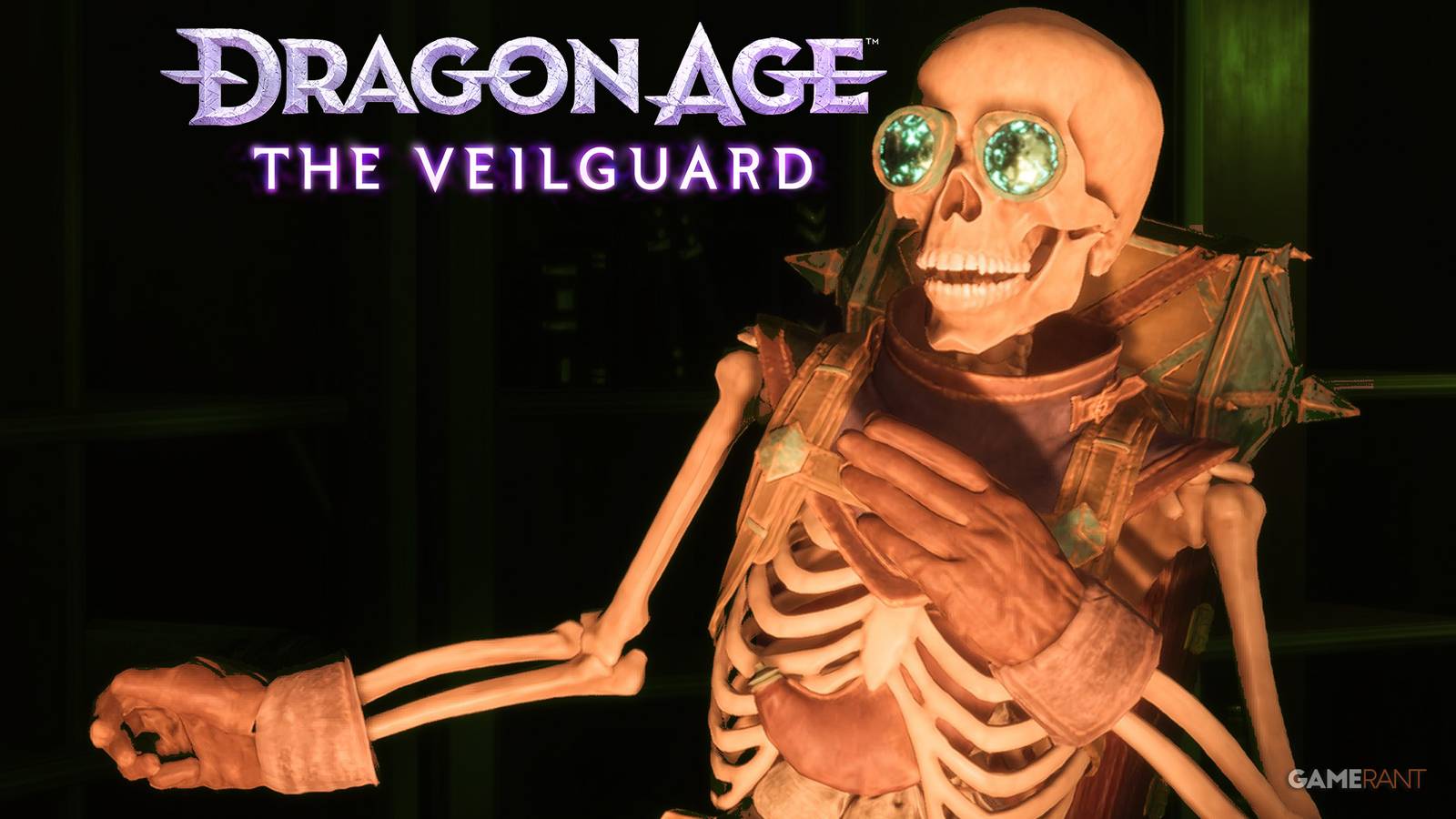 Dragon Age The Veilguard logo next to Manfred skeleton green-tinted study background