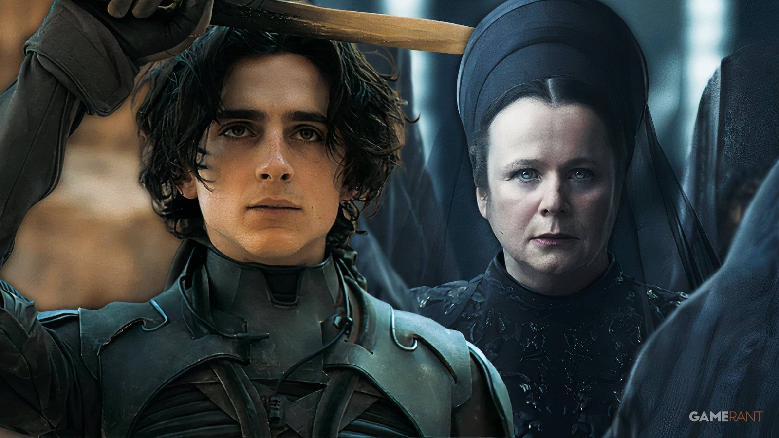 timothee chalamet as paul atreides in dune, emily watson as valya harkonnen in dune prophecy