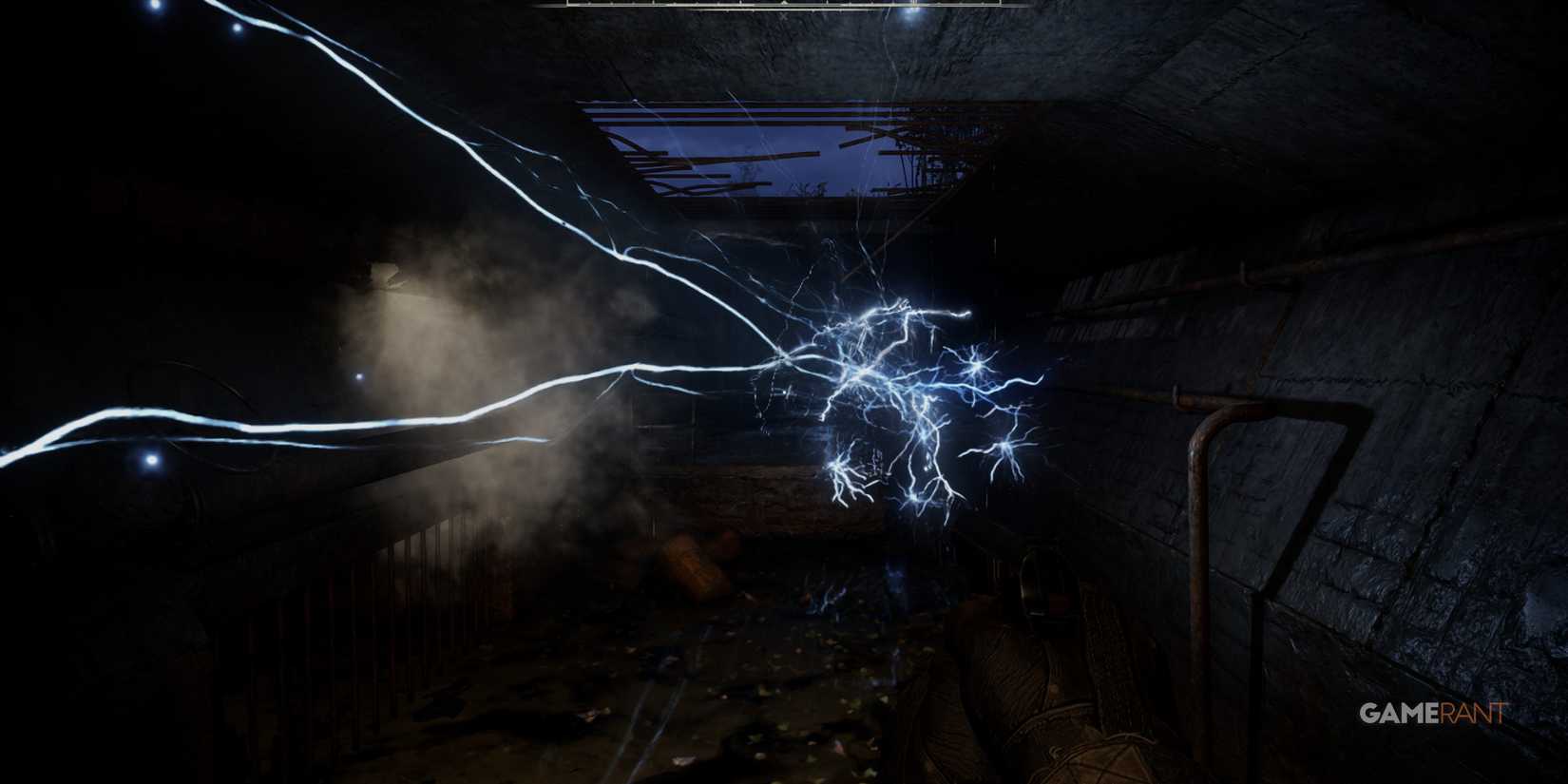 Electric anomaly crackling with energy inside a dark underground tunnel in STALKER 2