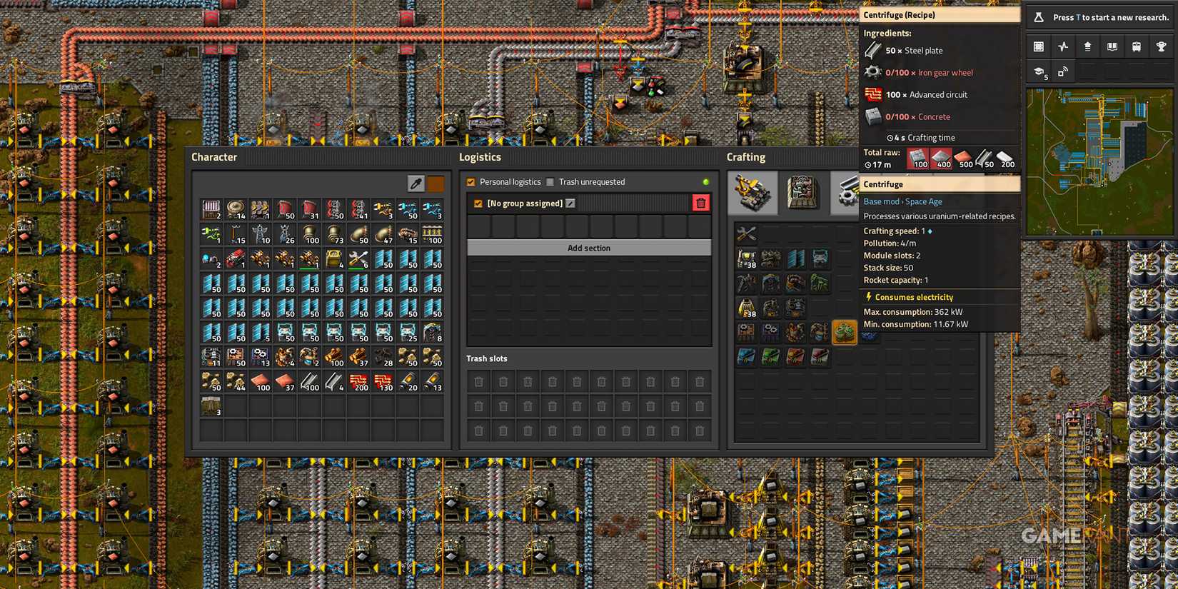 Inventory management and crafting panel in Factorio