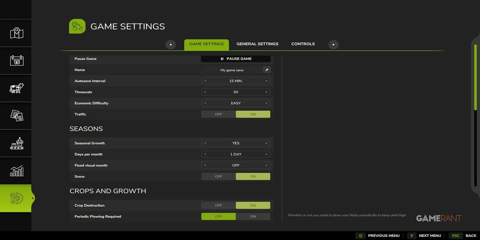Game Settings Menu In Farming Simulator 25
