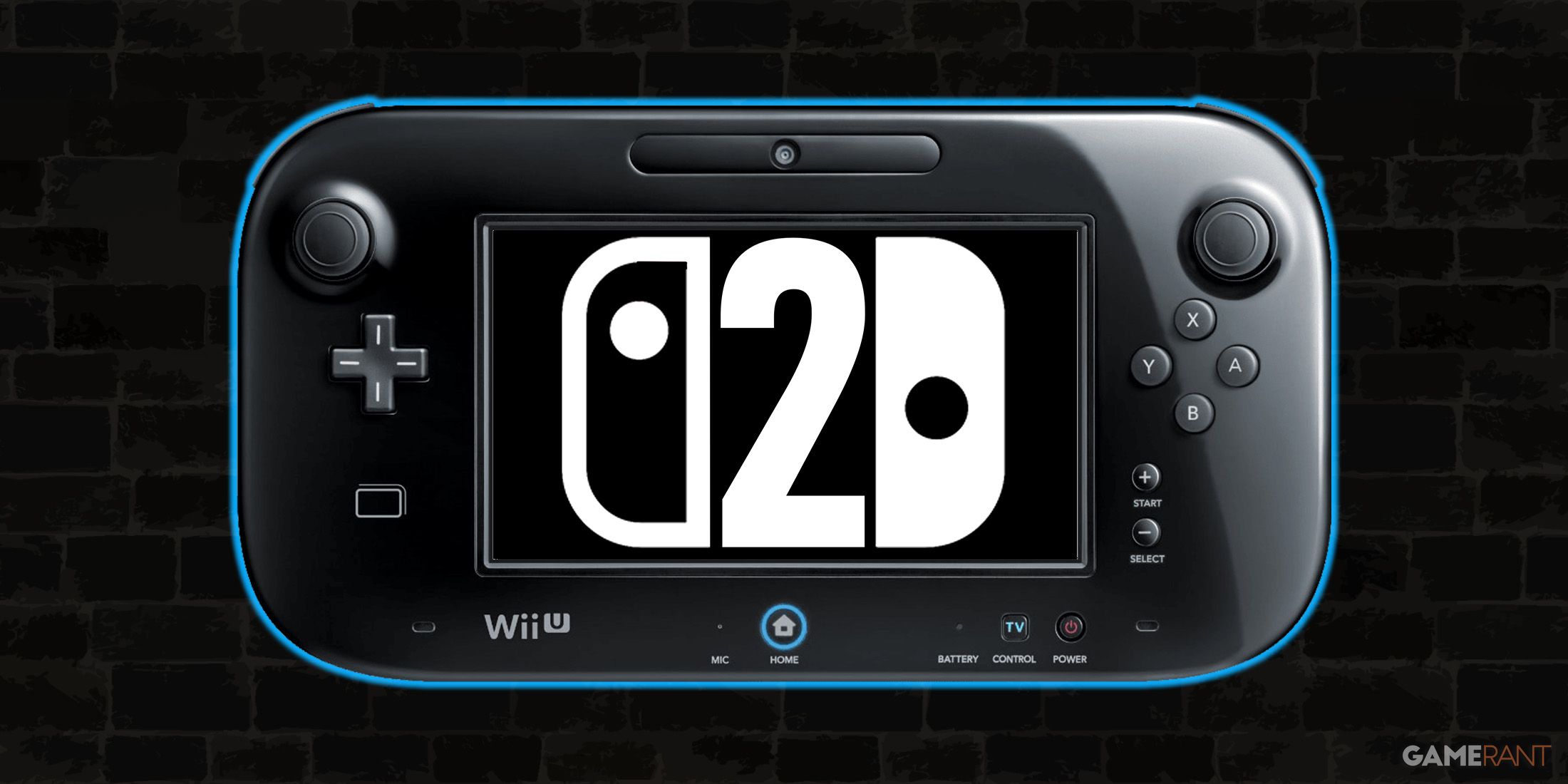 glowing Wii U Gamepad controller displaying mockup Nintendo Switch 2 logo 2x1 composite