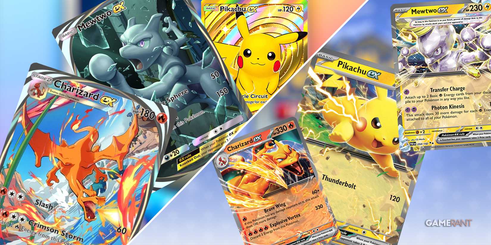 Pokemon TCG Pocket cards for Mewtwo EX, Charizard EX, and Pikachu EX