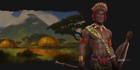 Shaka from Civilization 6 with a painting of a village in the background