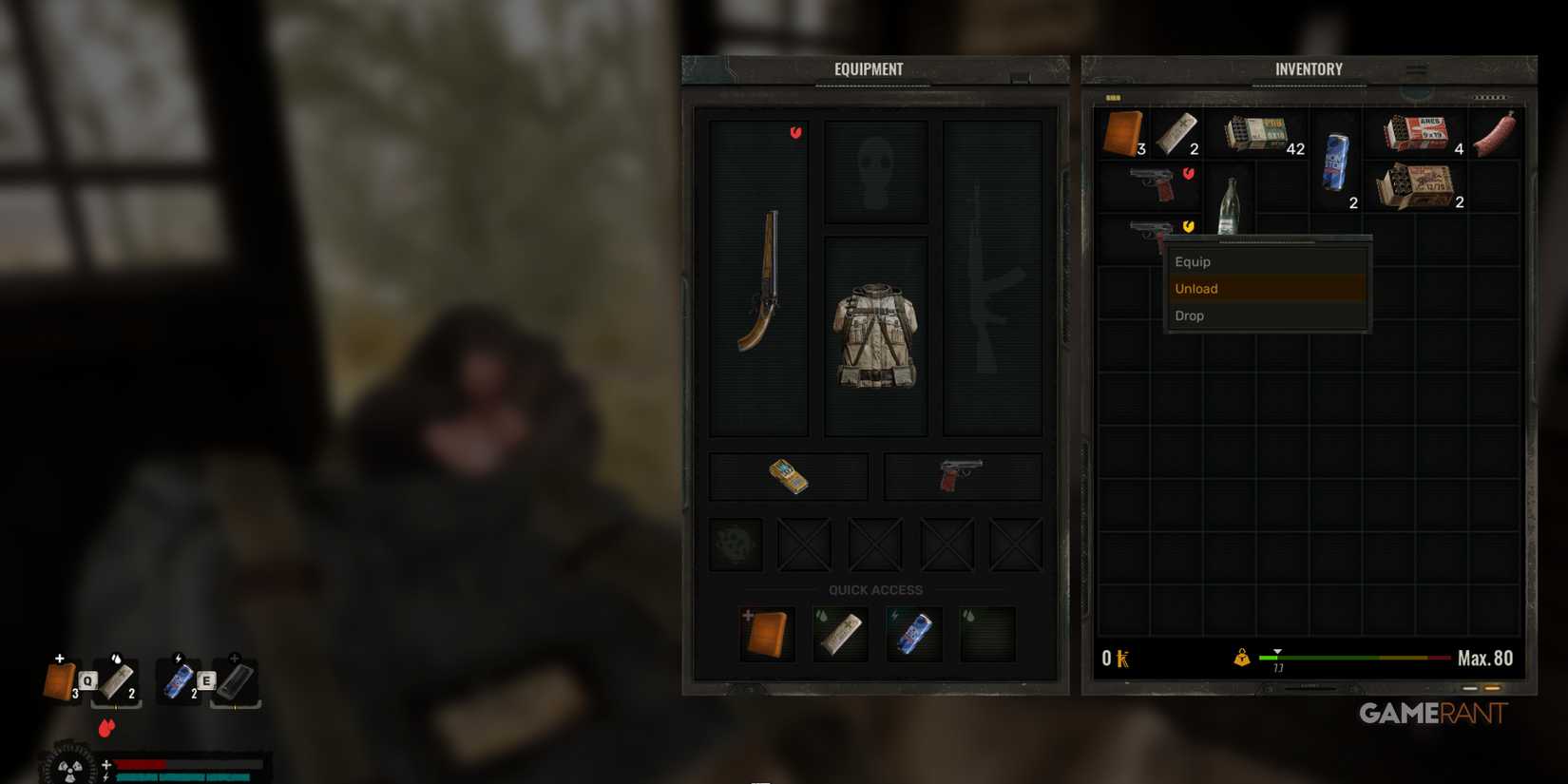 Inventory screen displaying weapons, ammo, and other supplies while inside a ruined structure in STALKER 2