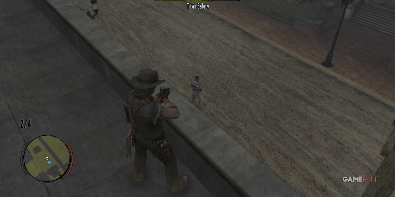 John Marston aiming down at a zombie from a rooftop, maintaining town safety