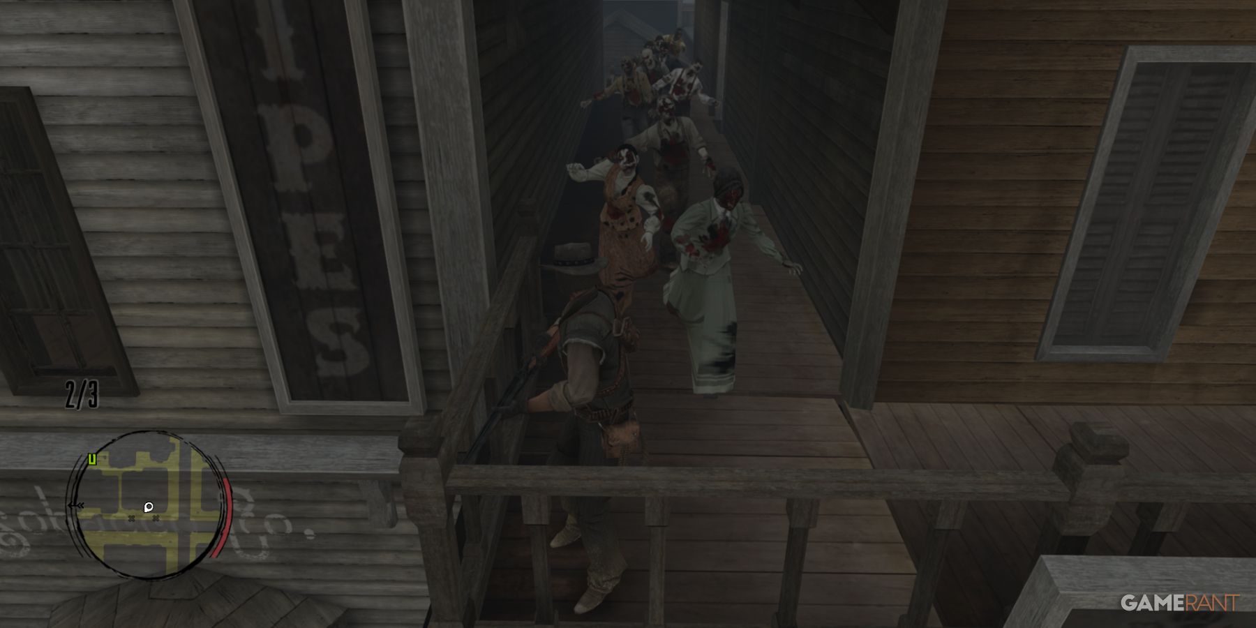 John Marston blocking zombies in a narrow alley, holding a rifle.