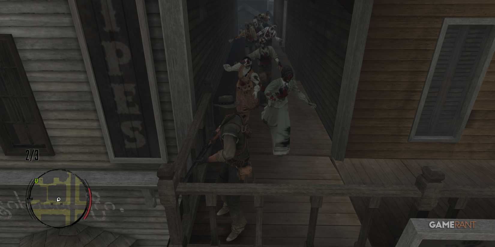 John Marston blocking zombies in a narrow alley, holding a rifle.