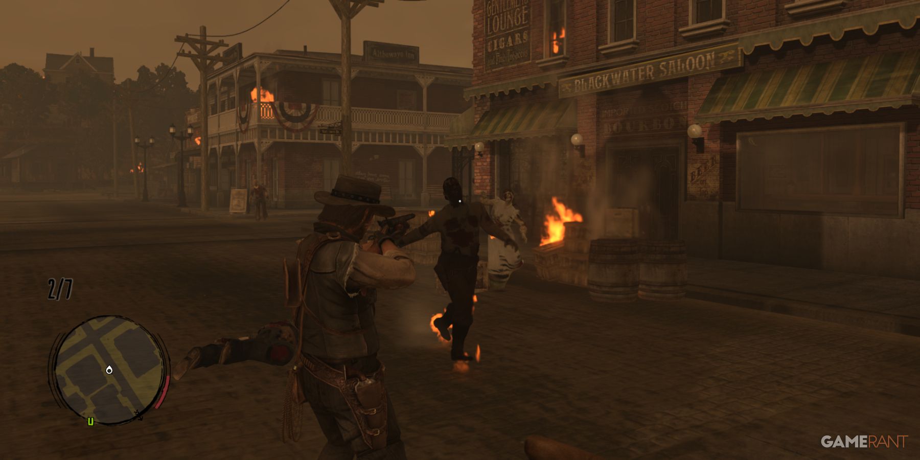 John Marston shooting a flaming zombie on a dark street in Red Dead Redemption