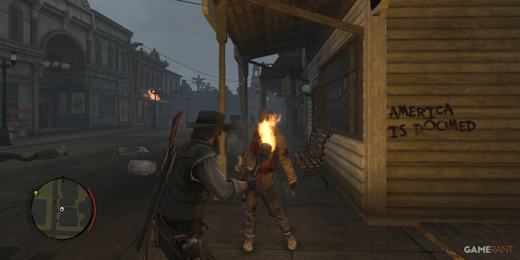 John Marston wielding a torch, ready to burn a zombie on a street with graffiti 'America is doomed