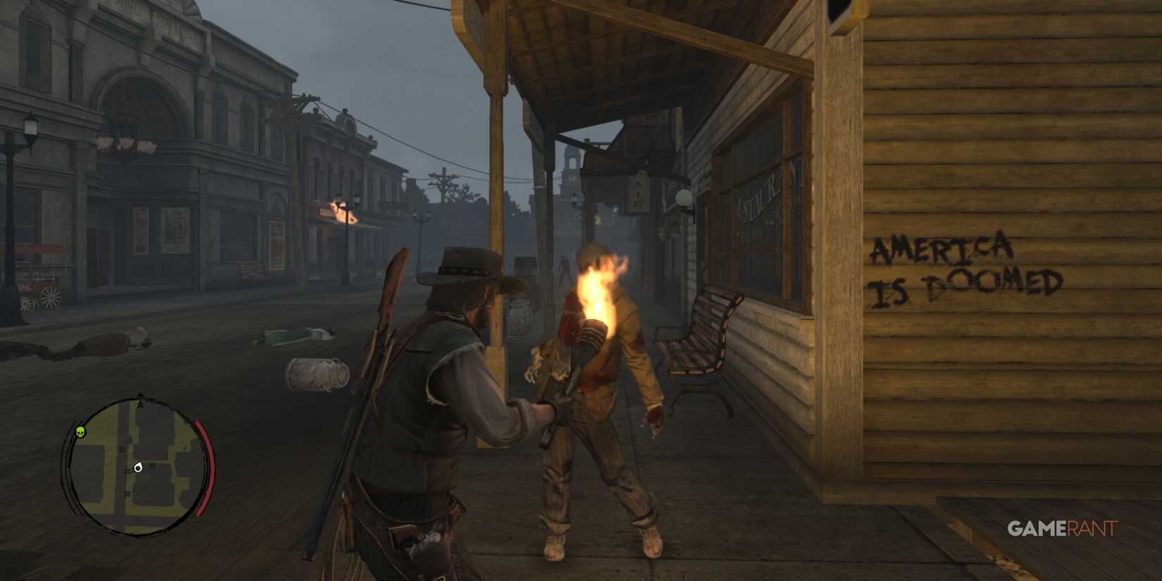 John Marston wielding a torch, ready to burn a zombie on a street with graffiti 'America is doomed