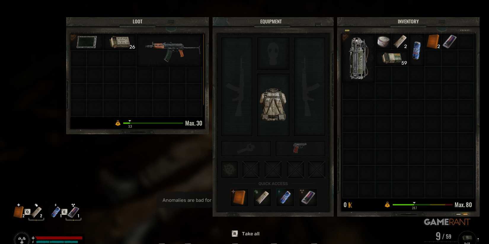 Loot and equipment management interface showing items and stats in a dark environment in STALKER 2