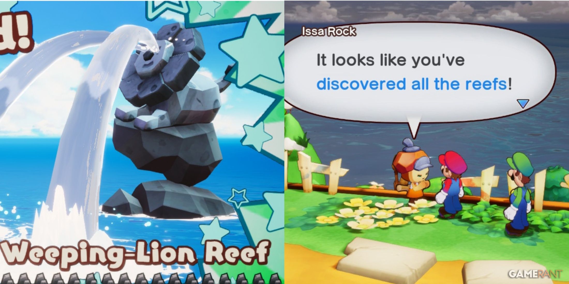 A split image of the Weeping Lion Reef and Mario and Luigi talking to Issa Rock in Mario & Luigi: Brothership