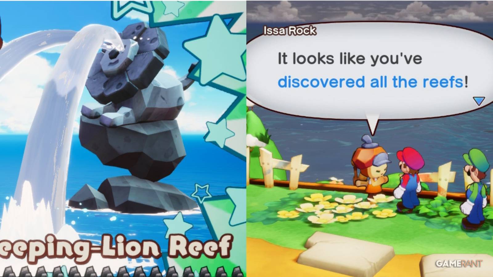 A split image of the Weeping Lion Reef and Mario and Luigi talking to Issa Rock in Mario & Luigi: Brothership