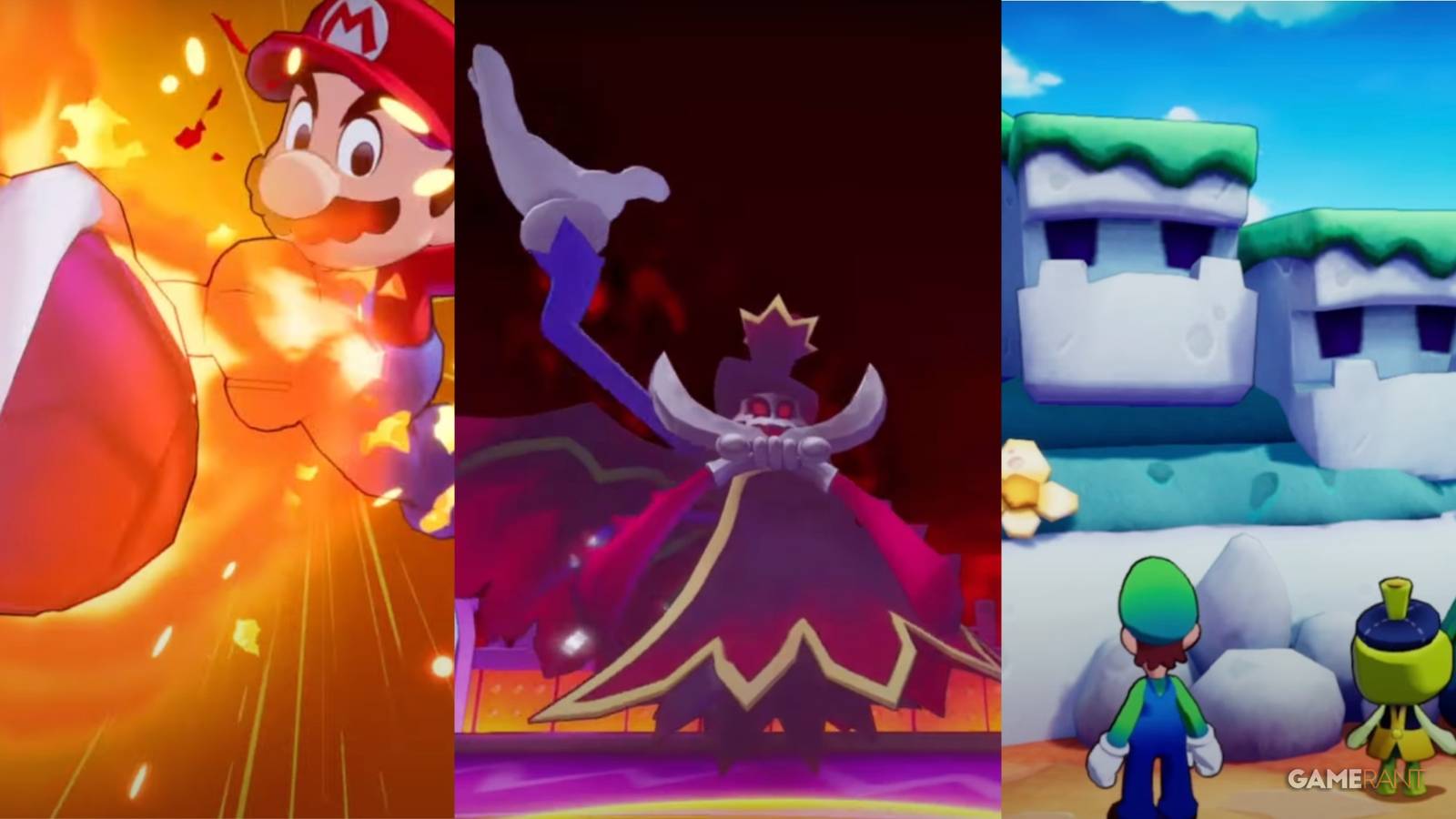 Split image of Mario, Zokket, and a nod to Mount Rushmore in Mario & Luigi: Brothership