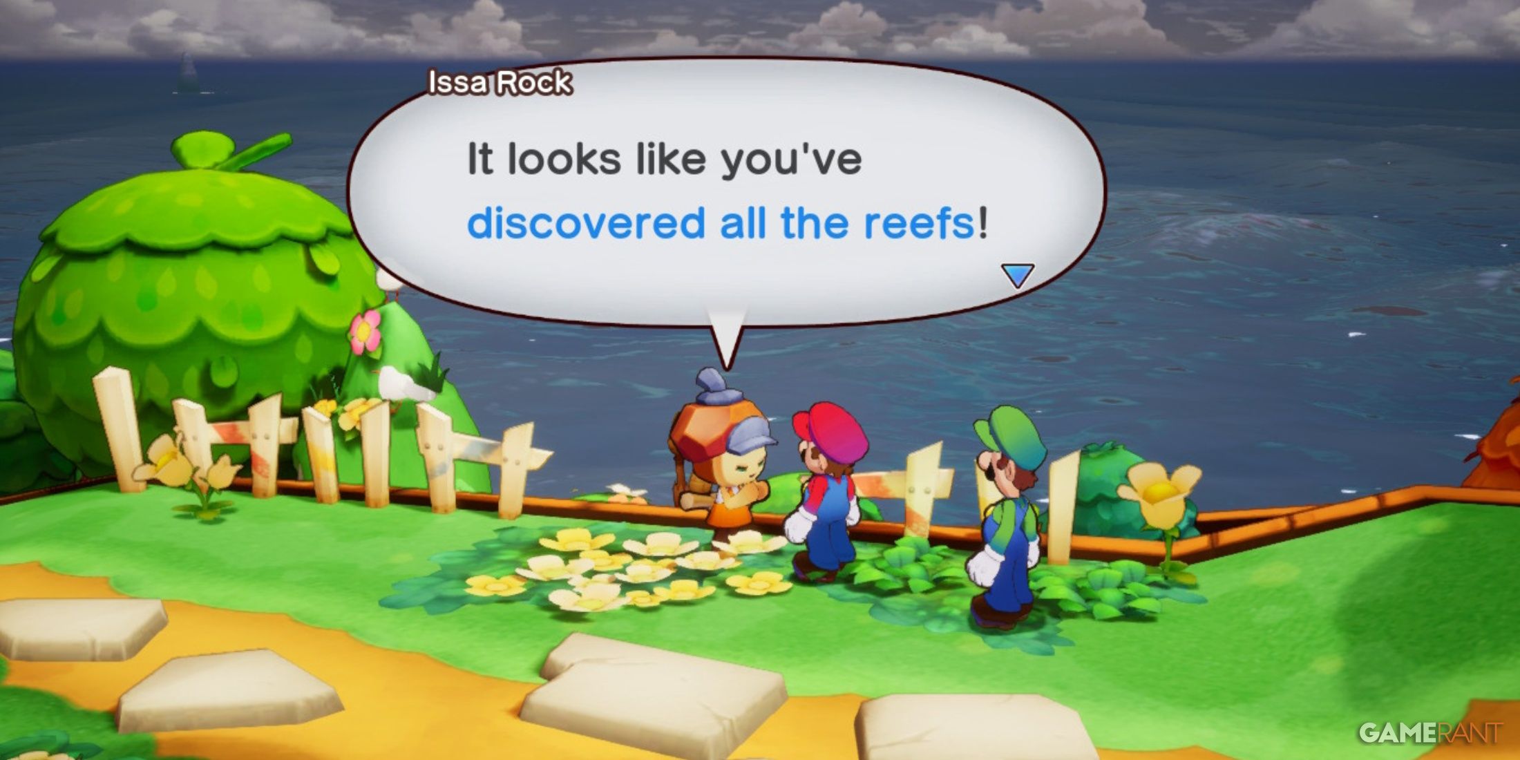 Issa Rock telling Mario and Luigi they've found all the reefs in Mario & Luigi: Brothership