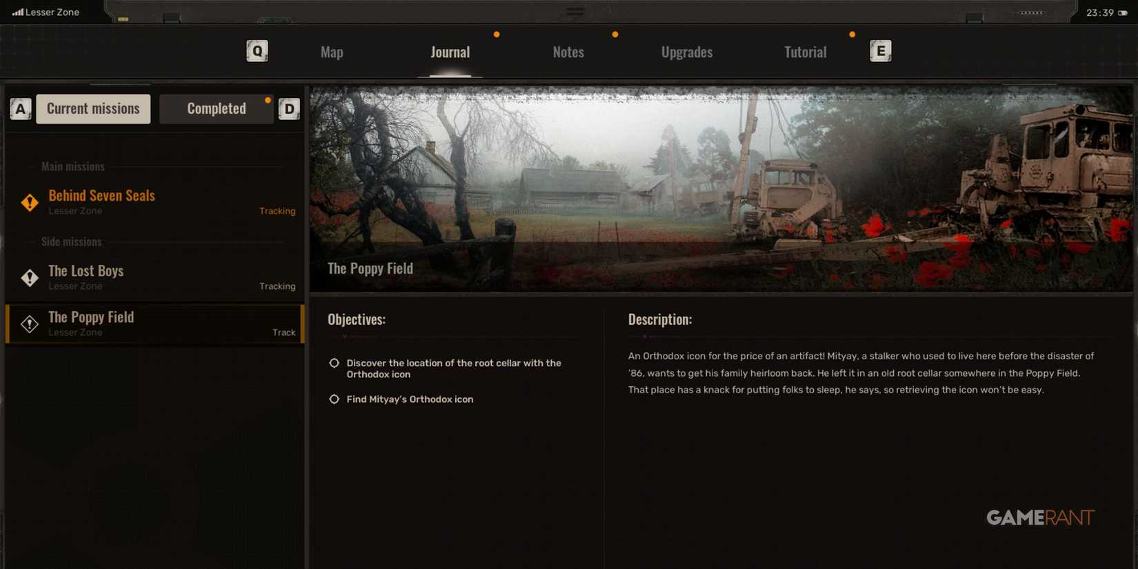 Mission journal for the Poppy Field area, underscoring the side quests in STALKER 2