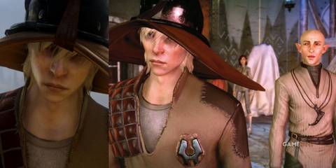 Two Images of Cole from Dragon Age: Inquisition, one with Solas looking on from behind him.