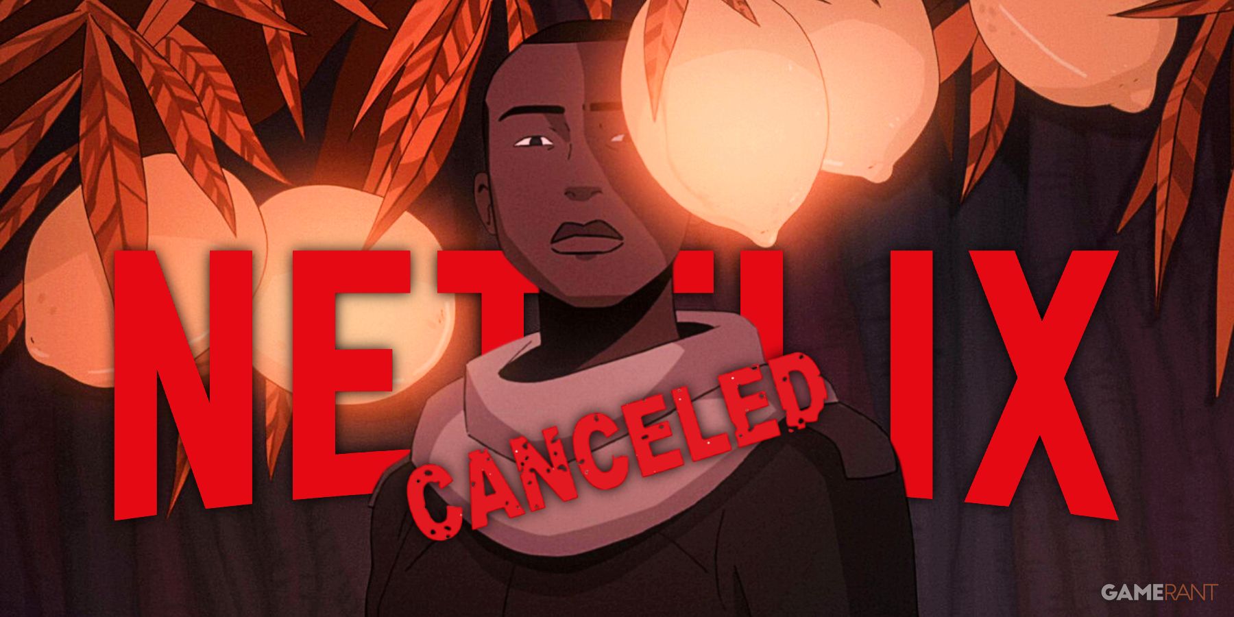 netflix logo, still of azi from scavengers reign, canceled text