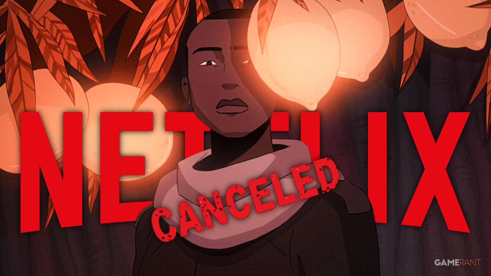 netflix logo, still of azi from scavengers reign, canceled text