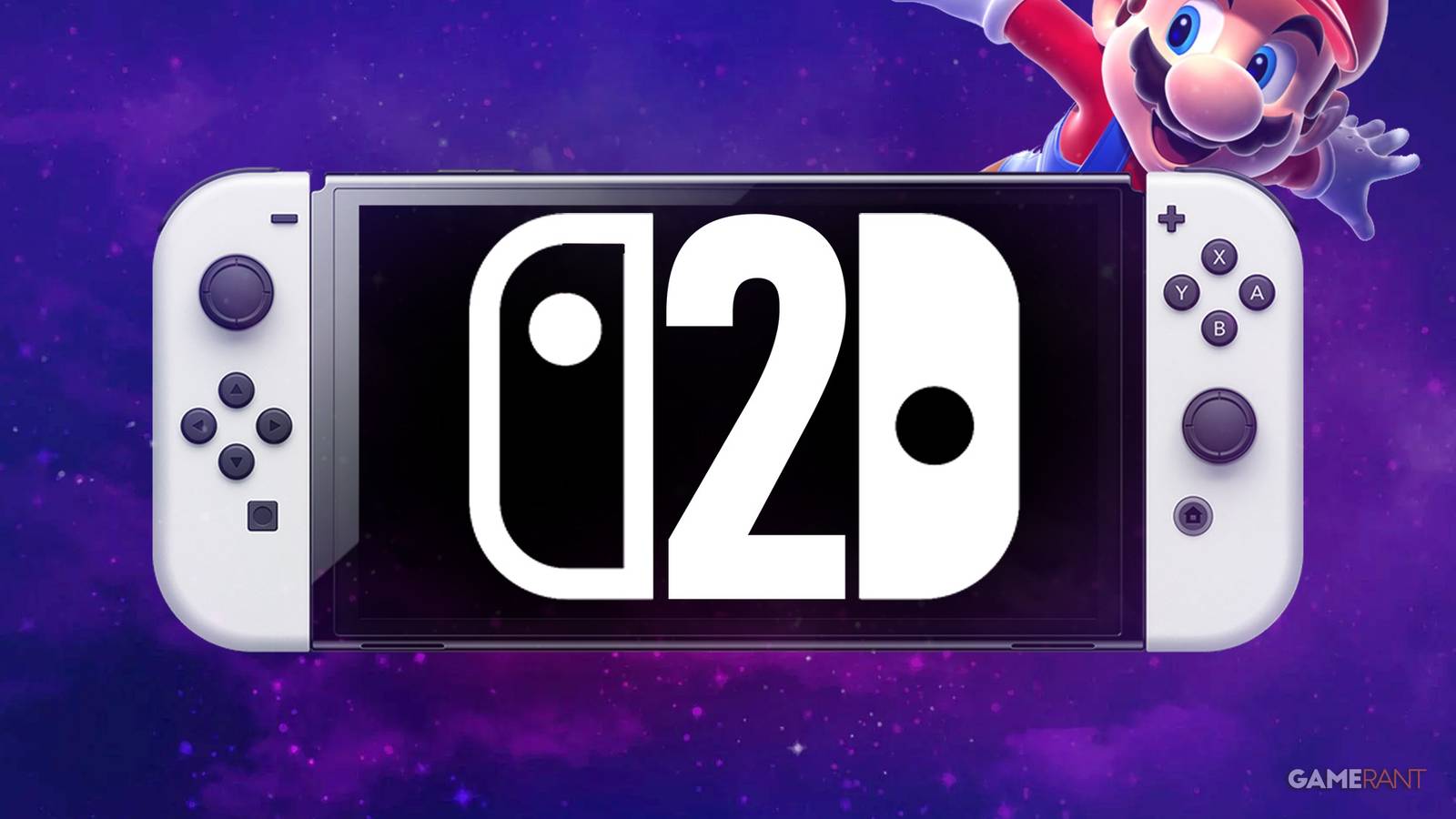 Nintendo Switch 2 purple misty background with Super Mario flying over it 2x1 composite