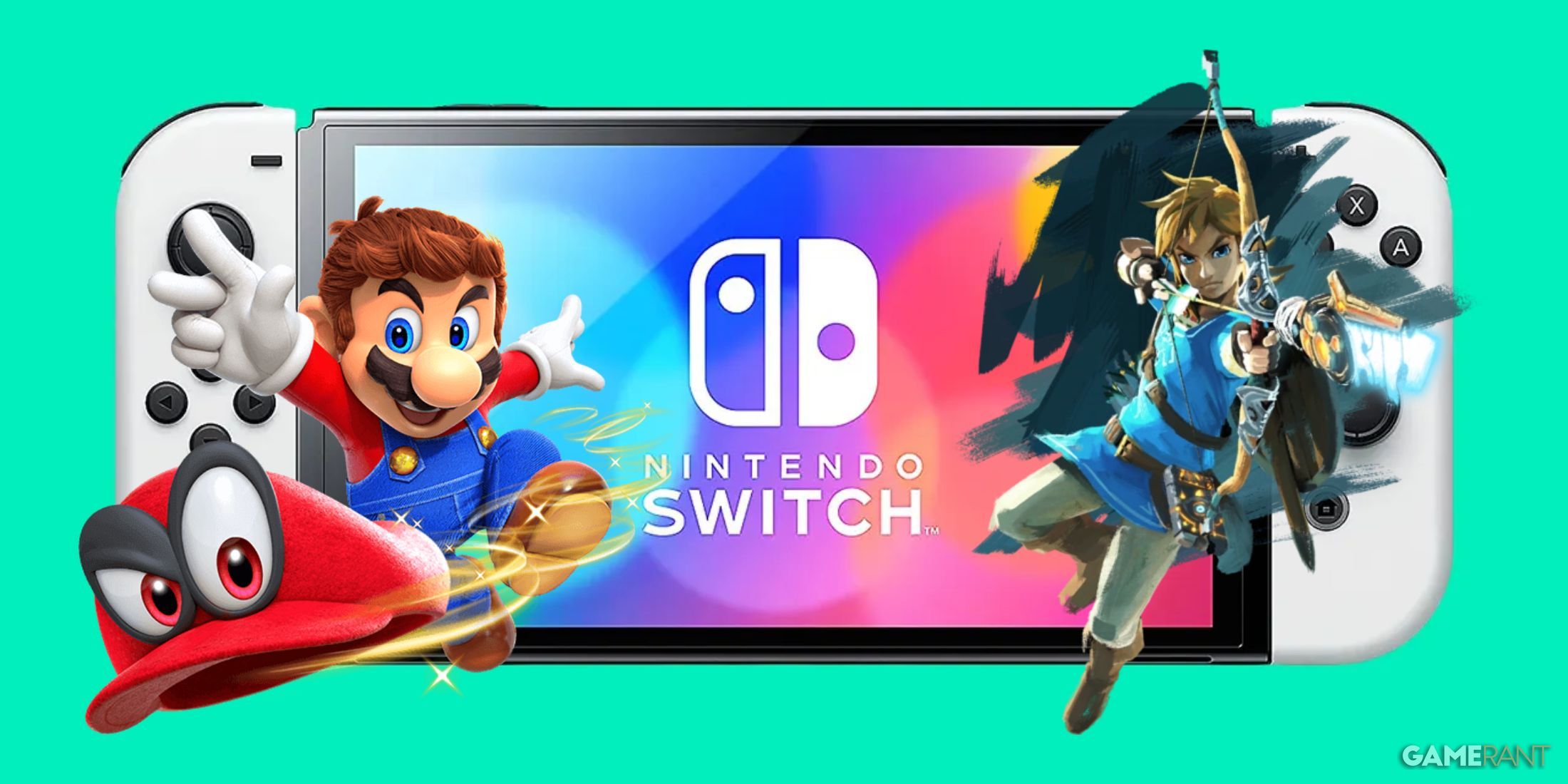 Mario and Link depicted in their renders from Mario Odyssey and The Legend of Zelda: Breath of the Wild depicted in front of a promotional image for the Nintendo Switch OLED