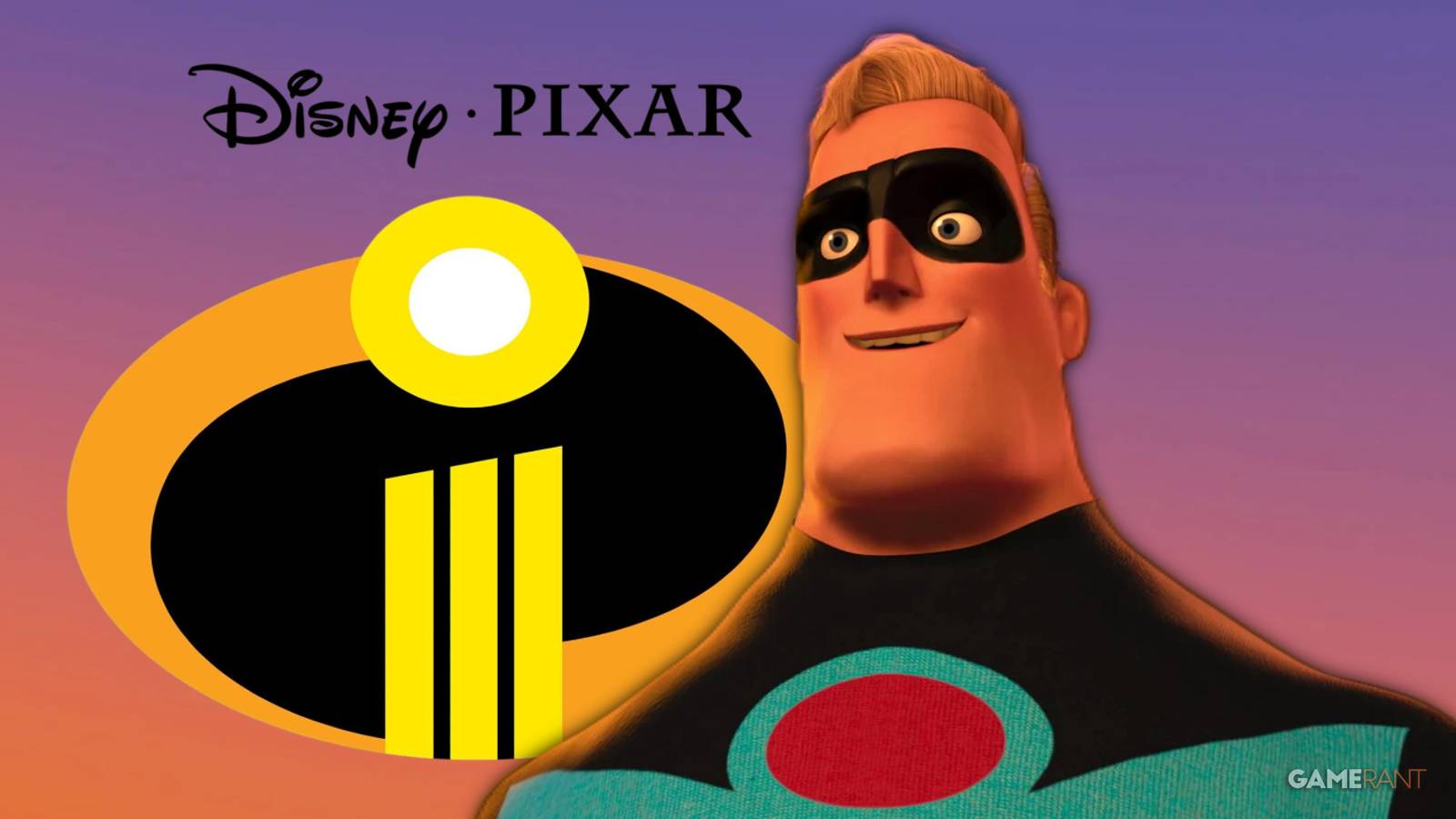 bob parr aka mr incredible in the incredibles, the incredibles title logo, disney pixar logo