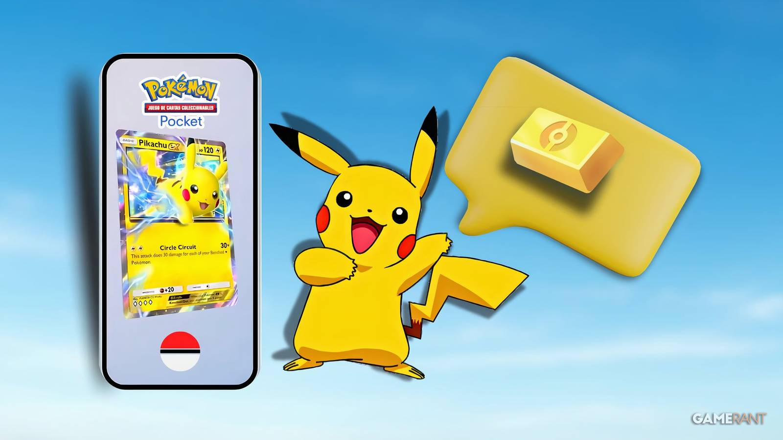 pikachu pointing at a poke gold in pokemon tcg pocket.