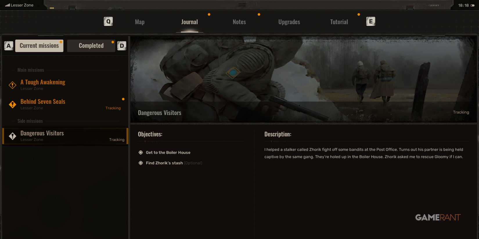 Quest journal displaying mission objectives, Dangerous Visitors highlighted in STALKER 2