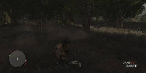 John Marston next to a dead skunk in Red Dead Redemption