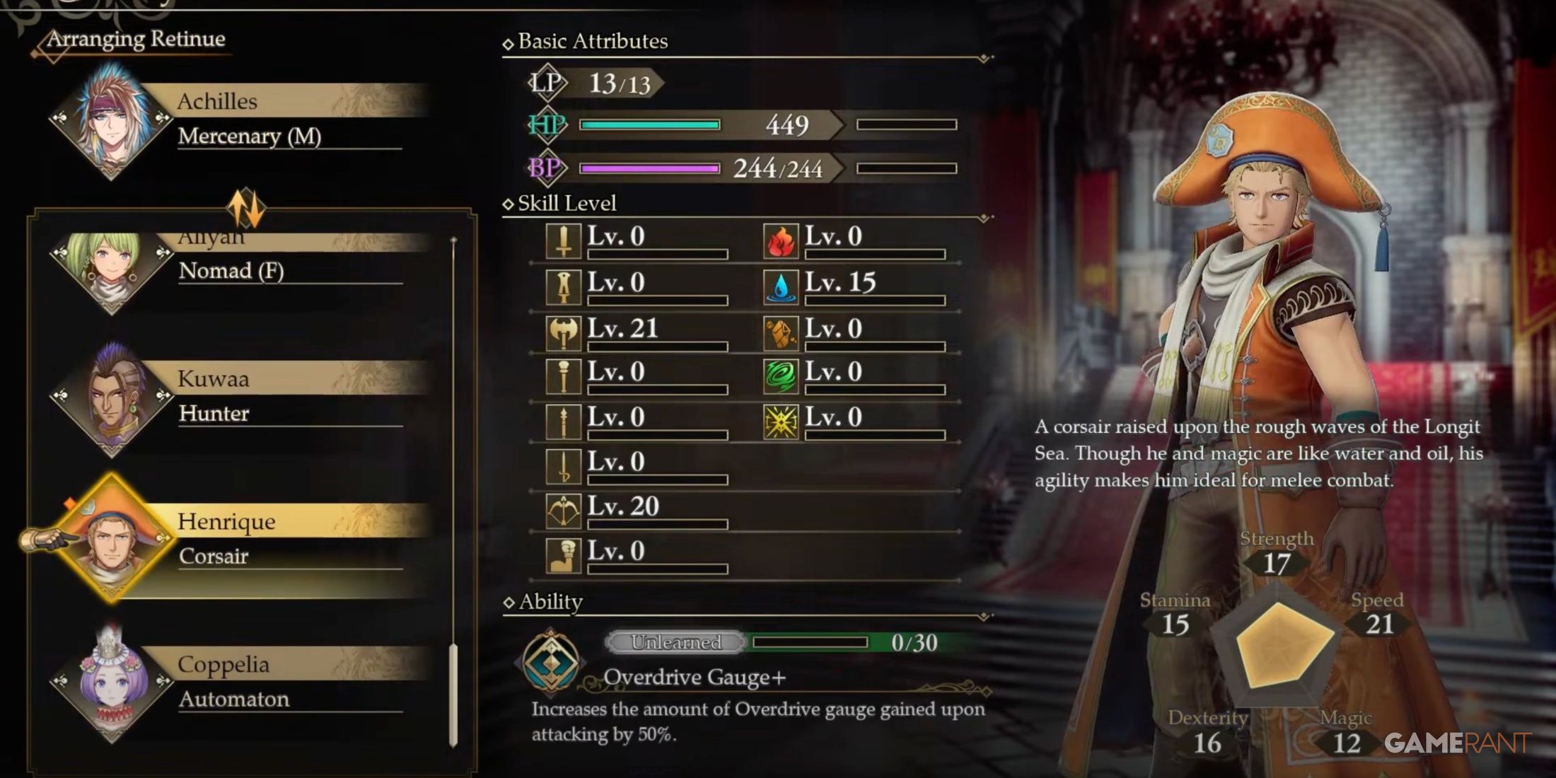 The Corsair's stats in Romancing SaGa 2: Revenge Of The Seven