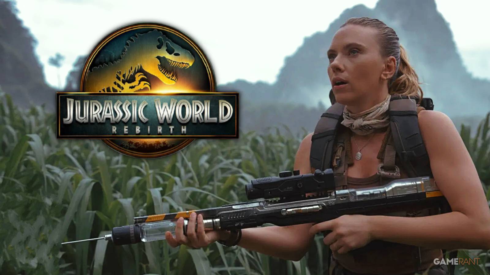 scarlett johansson holding a gun in jurassic world rebirth