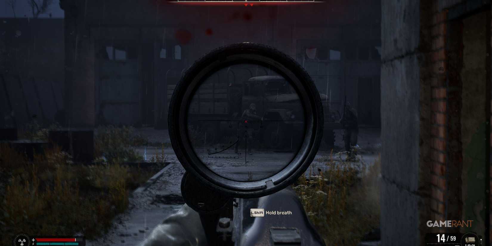 Scoped view of enemies in a rainy industrial setting, stressing the importance of positioning in STALKER 2