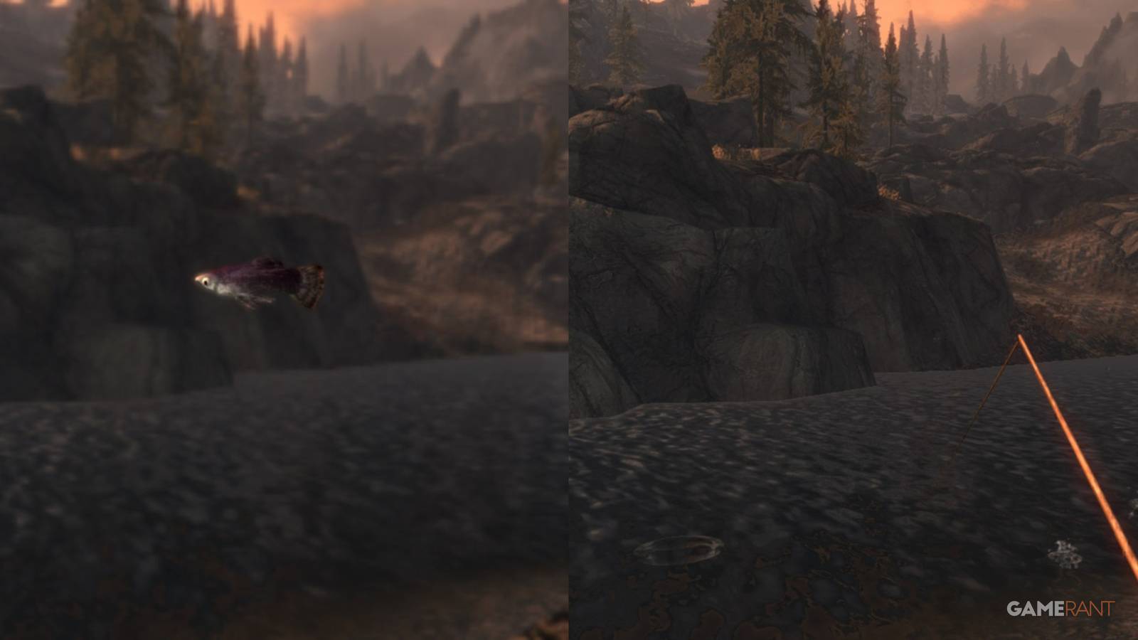 A recently caught fish and main character fishing in Skyrim