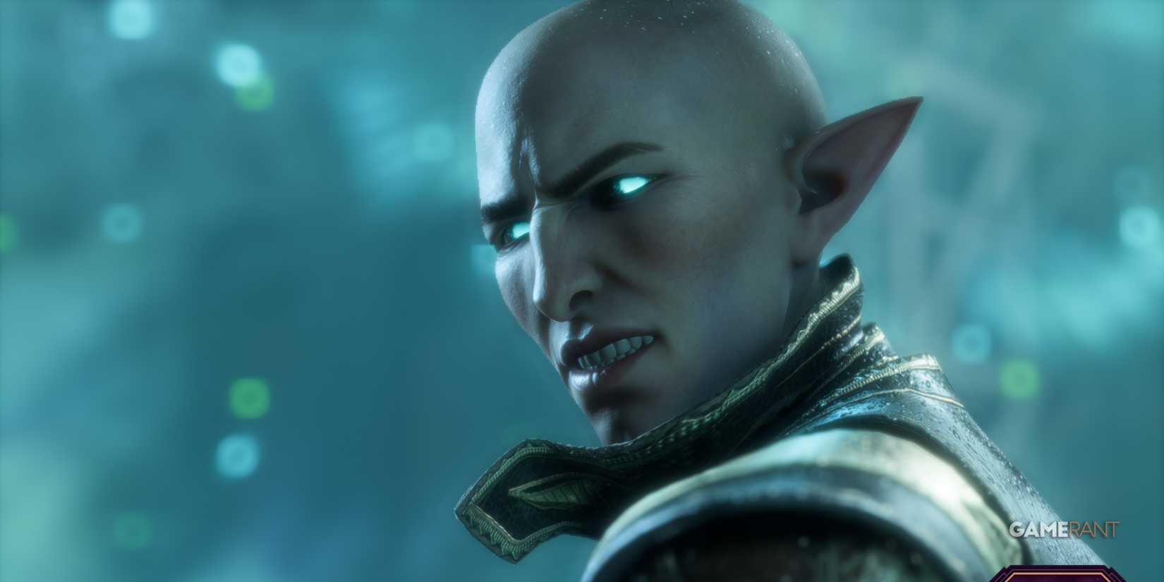 Solas with a snarl on his face in Dragon Age: The Veilguard