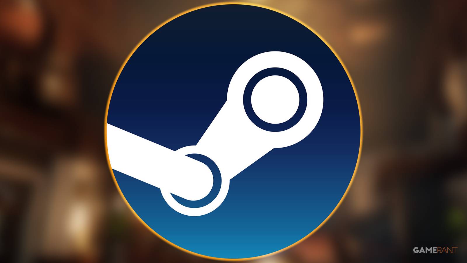 Steam logo with orange outer glow over blurred Lies of P interior promo screenshot