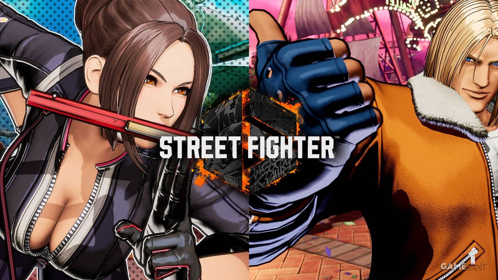 Official renders of Mai Shiranui and Terry Bogard from Fatal Fury: City of the Wolves. The Street Fighter 6 logo is edited on top of them to bring their role in that game's King of Fighters DLC to attention