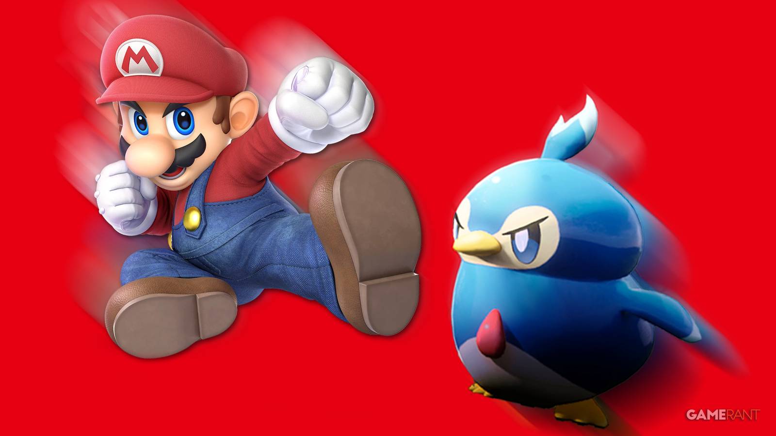 Super Mario vs Pengullet Nintendo vs Palworld red background 2x1 composite