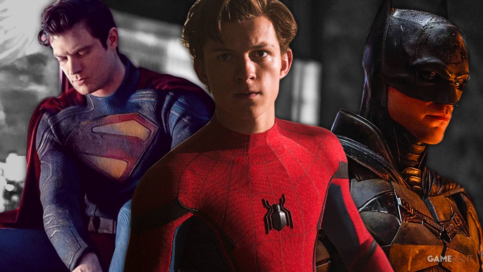 david corenswet as superman, tom holland as spider-man, robert pattinson as batman