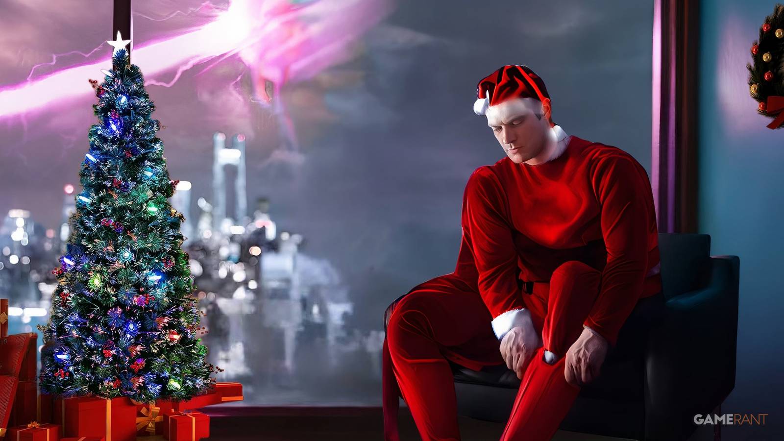 superman in a santa suit next to a Christmas tree