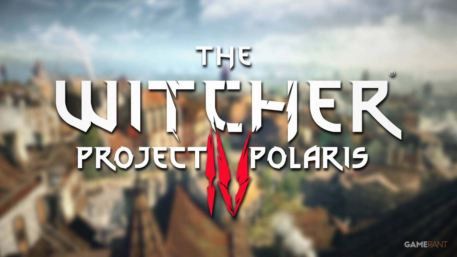 The Witcher 4 Project Polaris mockup logo over blurred TW3WH Novigrad rooftops promo screenshot