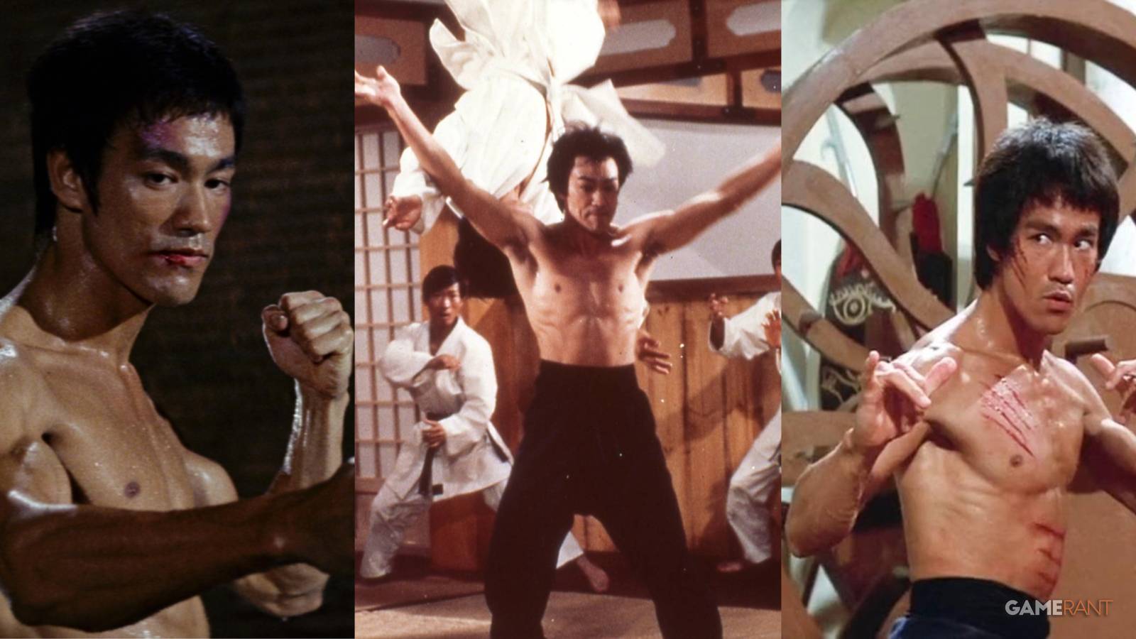 three photos of Bruce Lee in his movies throughout his life 